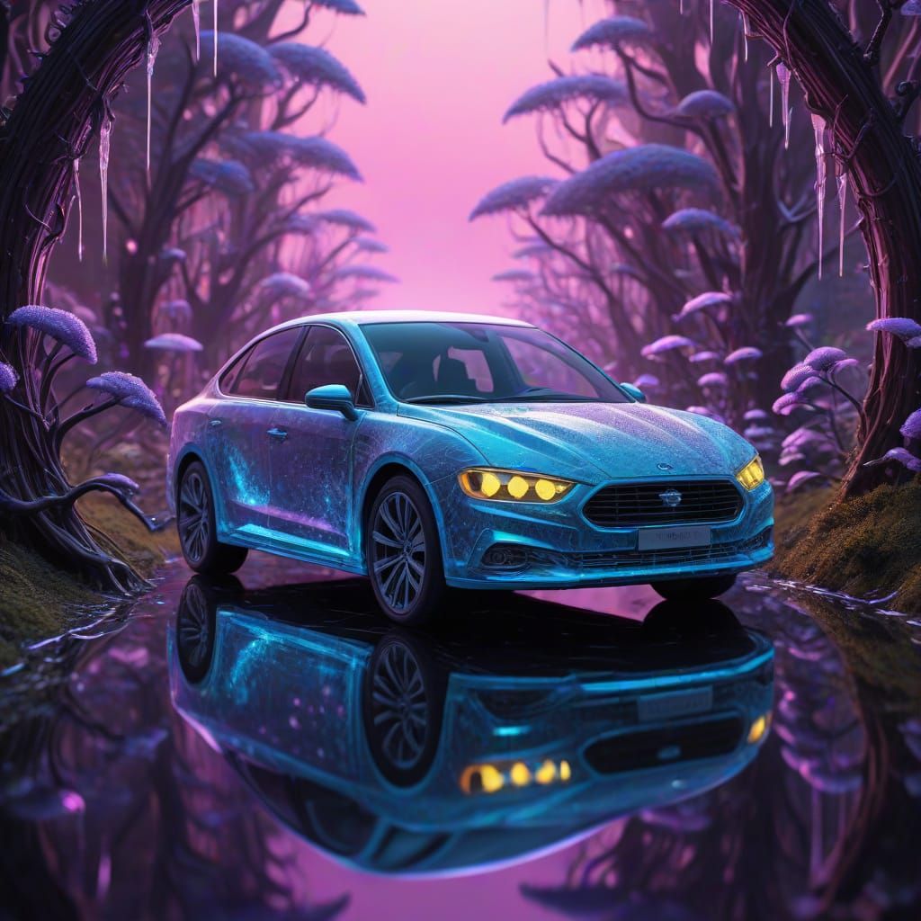 Surrealistic 4D Landscape with Ferrofluid Car and Biolumines...
