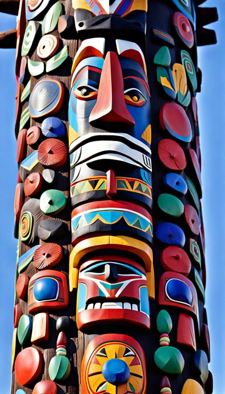 Brightly Colored Totem Pole of Northwest Native Americans