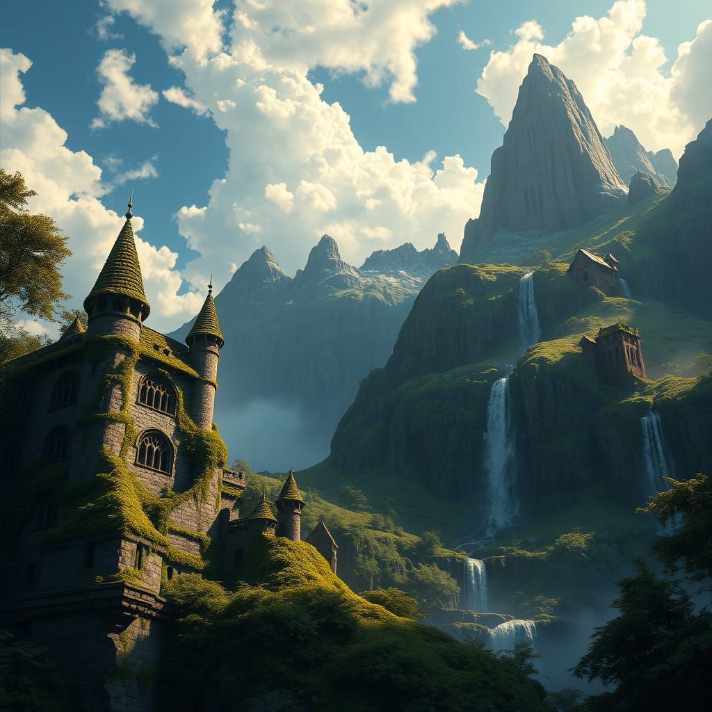 Moss-Covered Castle Amidst Majestic Mountain Landscape with...