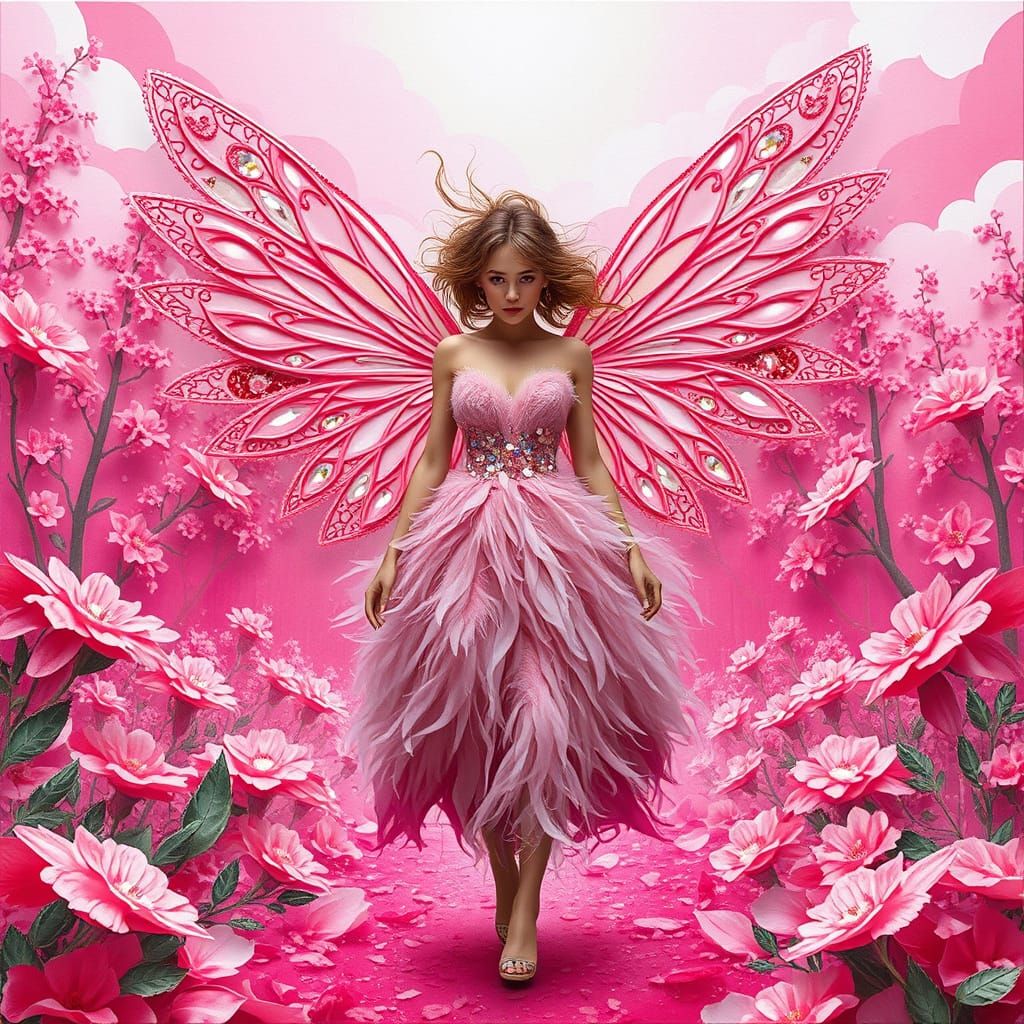 Whimsical Pink Fairy in a Vibrant Enchanted Forest