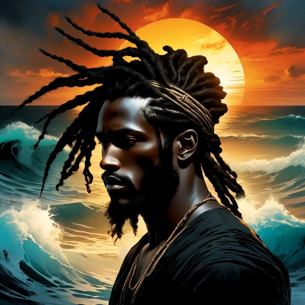 Neptune, God of Waves, on Sunset Beach in Doré Style