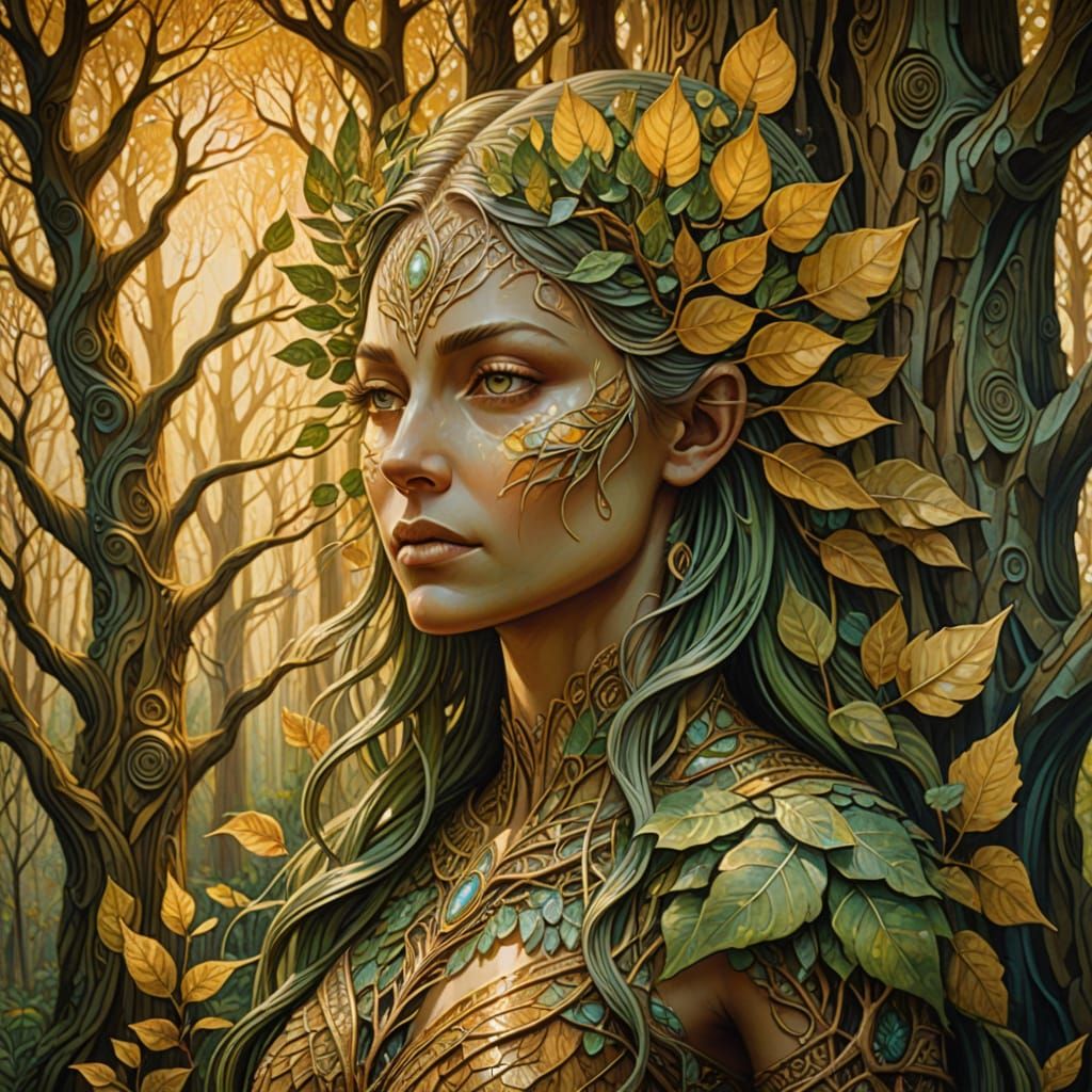 Visionary Dryad in Forest - Vibrant Oil Painting