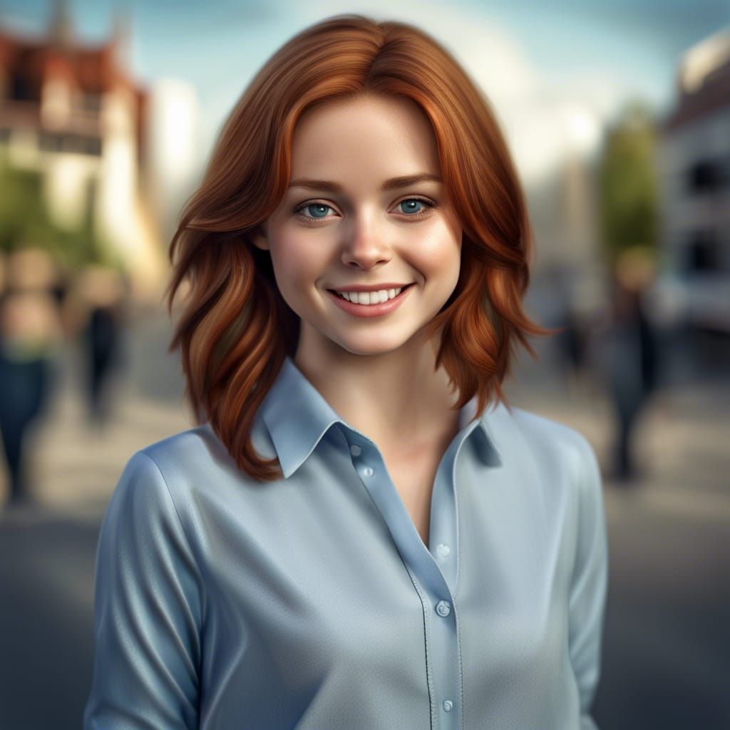 Hyperrealistic Portrait of a Smiling Auburn-Haired Girl