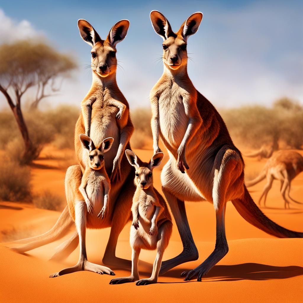 Kangaroo Family Leaping in Australian Desert