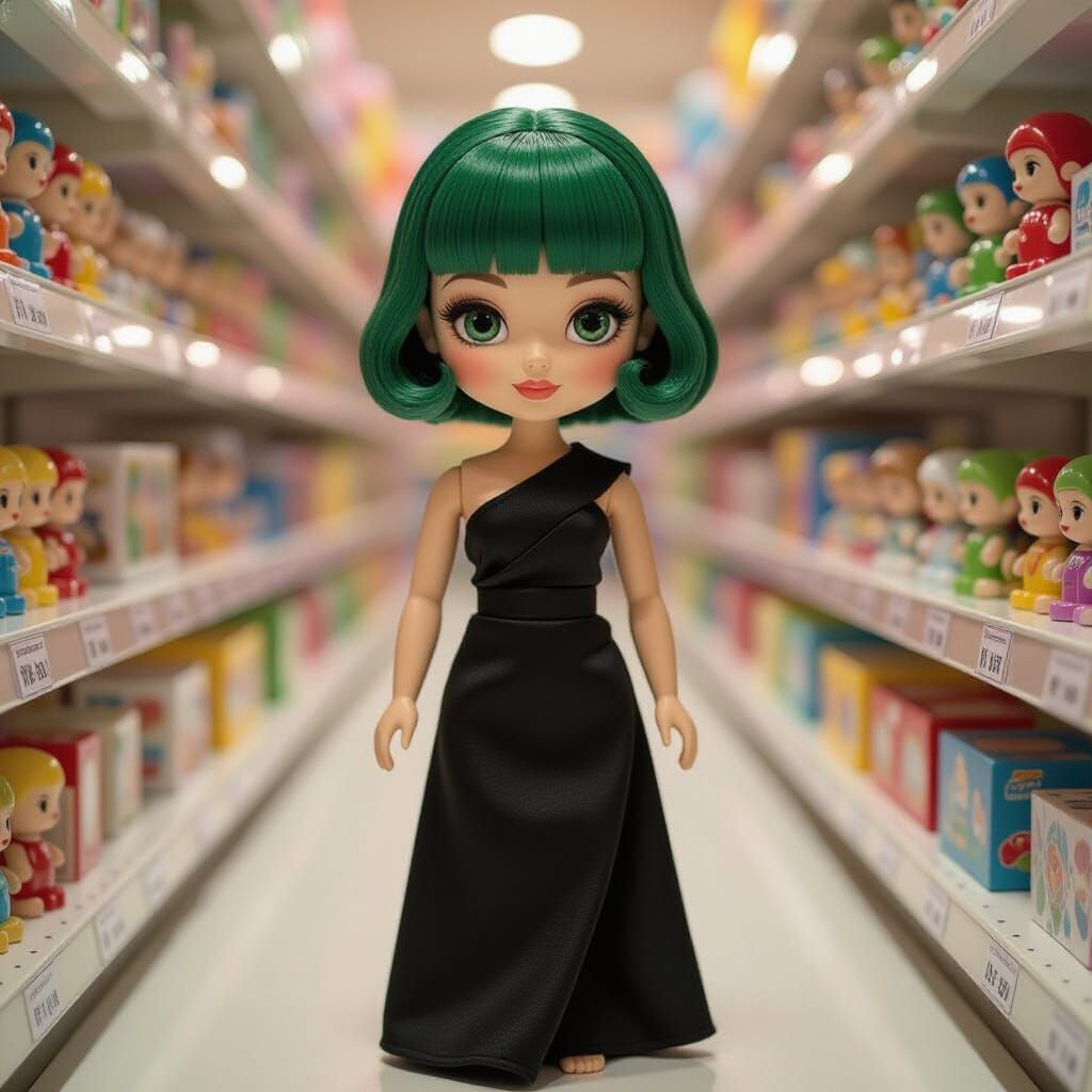 Wooden Asian Doll with Green Hair in Toy Store