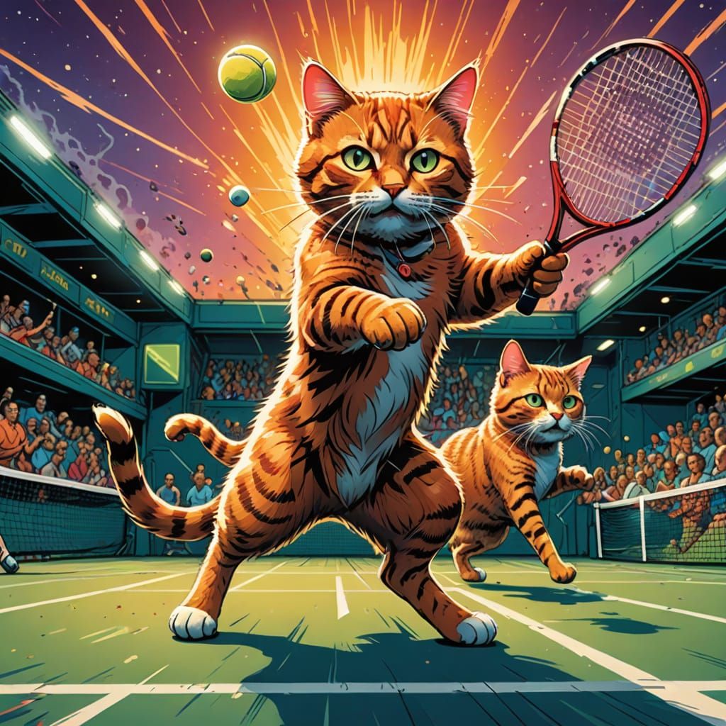 Dynamic Comic Book Art of Cats Playing Tennis