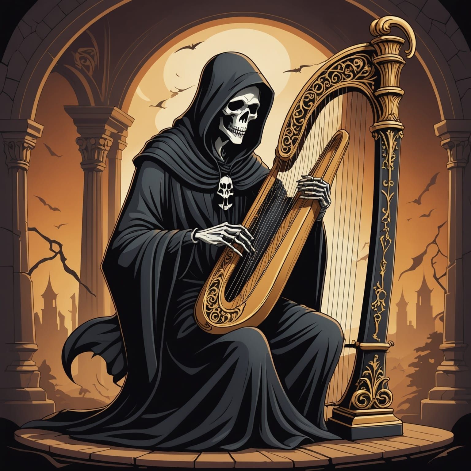 Cartoon Grim Reaper Plays Harp