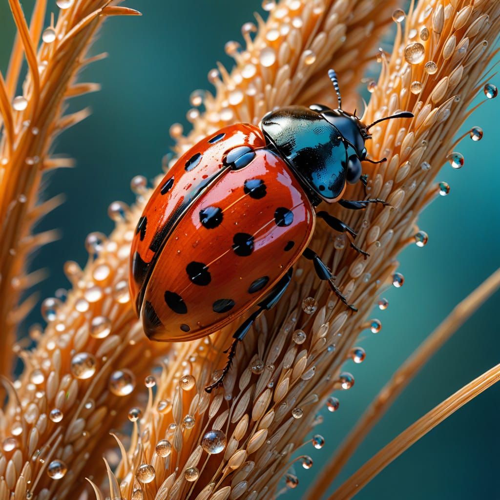 Whimsical Macro Portrait of a Ladybug on a Wet Wheat Ear