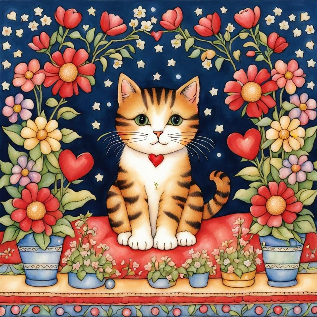 Cute Cat Surrounded by Flowers in Nostalgic Style