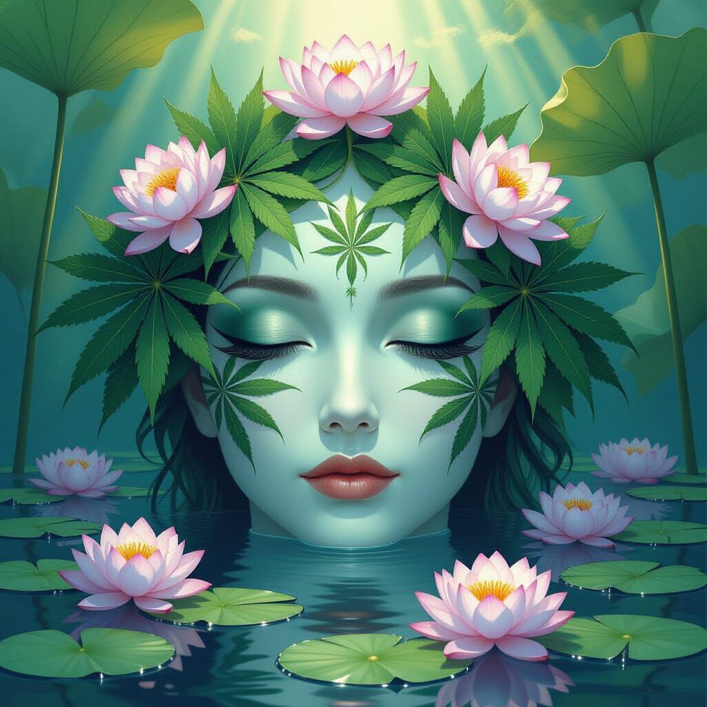 Ethereal Face with Cannabis Leaves and Lotus Flowers