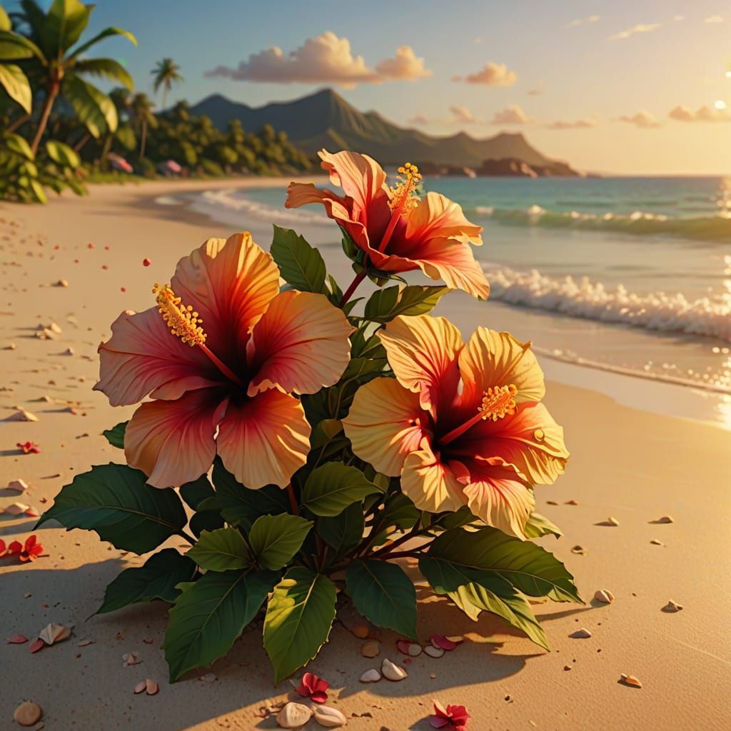 Hibiscus Bouquet on Beach in Anime Style