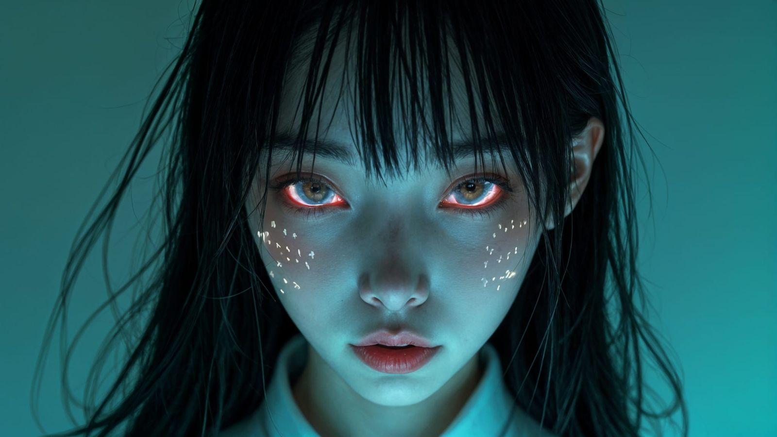 Ethereal Japanese Woman with Glowing Eyes and Neon Code