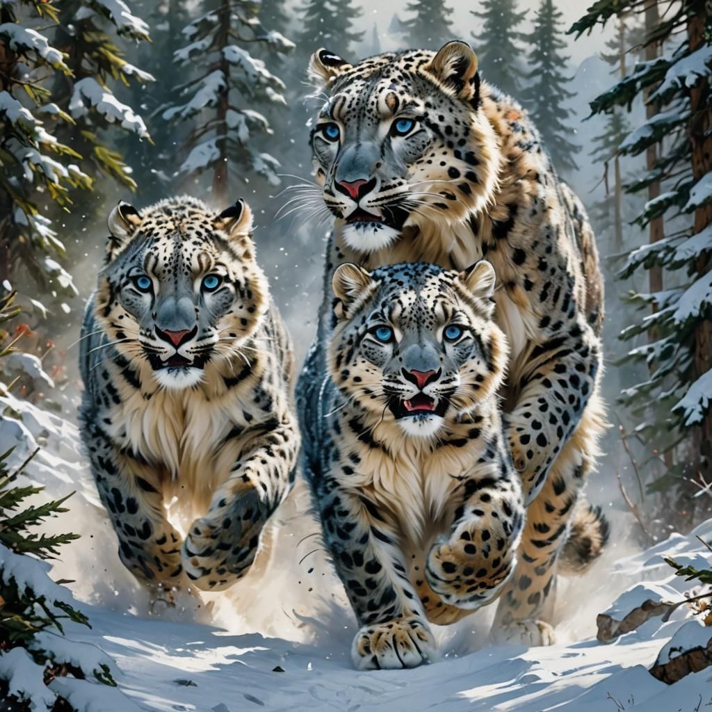 Snow Leopards Play in Snowy Mountainside