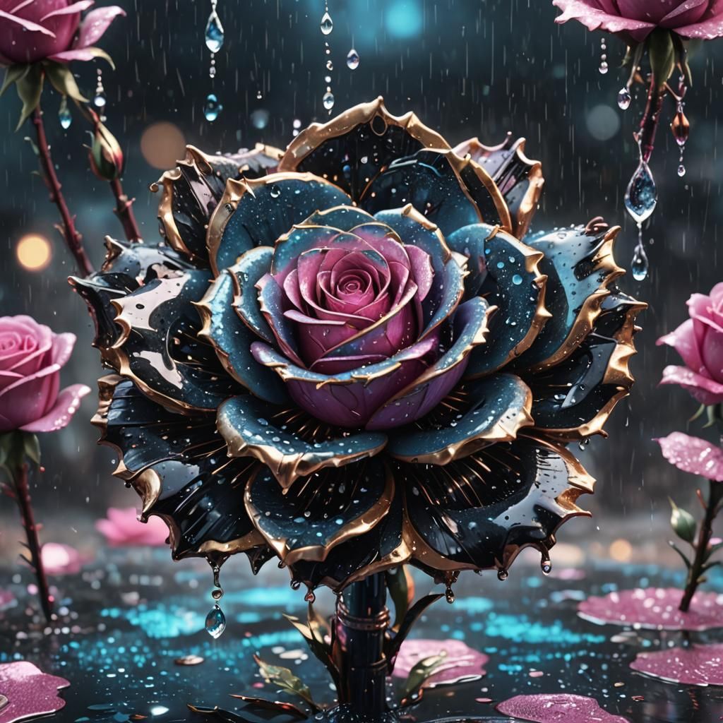 Steampunk Rose with Glittering Rain, Detailed Matte Painting