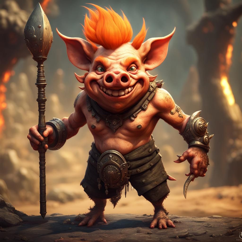 Buff Pig Goblin with Orange Mohawk, Fantasy Art