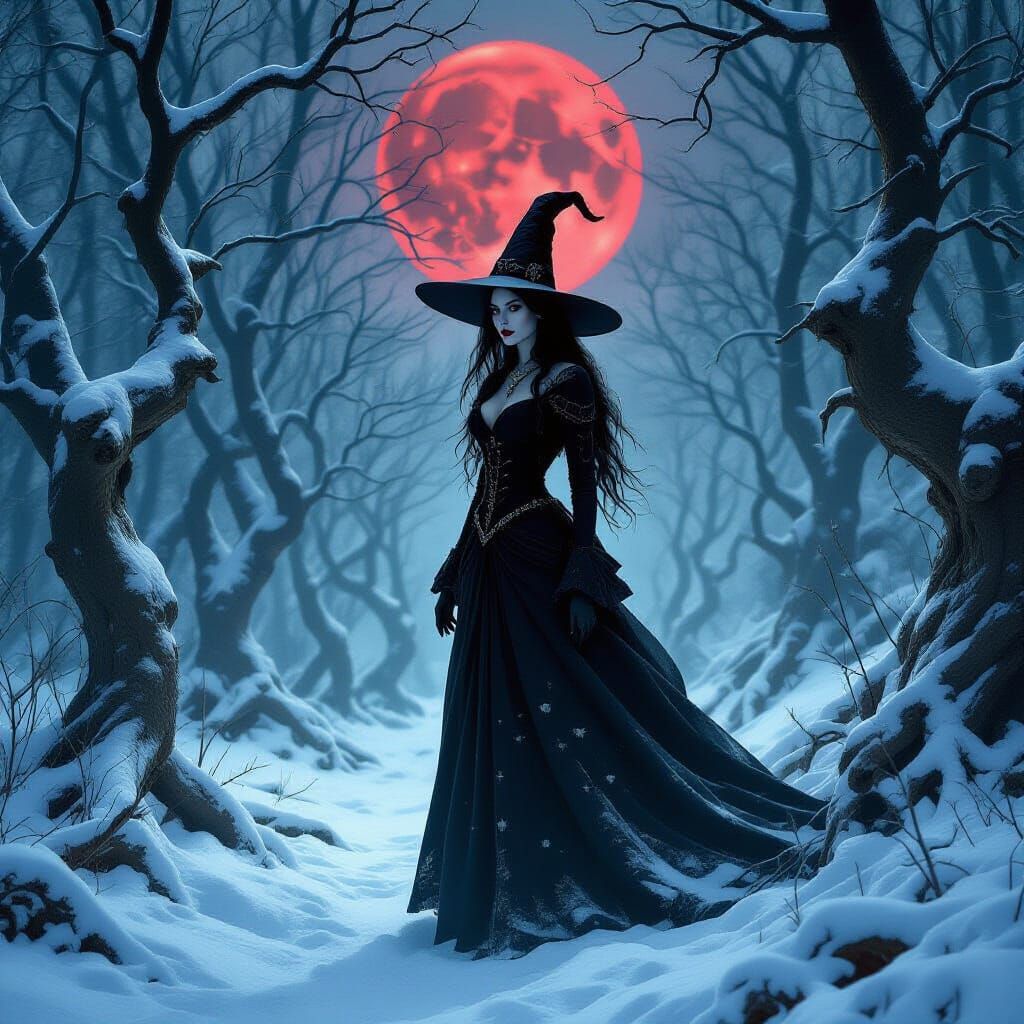 Gothic Vampire Witch in Snow-Covered Forest