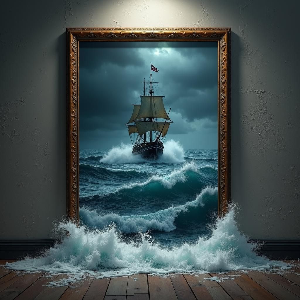 Dark and Dramatic Pirate Ship Emerges from Stormy Seas