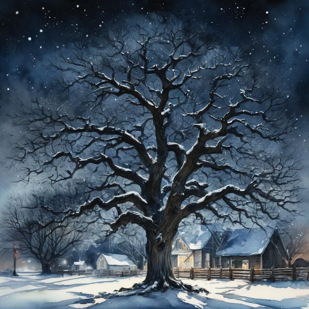 Snowy Oak Tree Under Twinkling Stars
