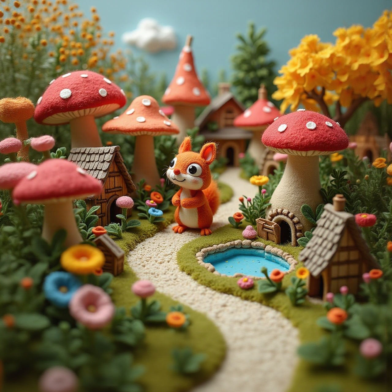 Red Squirrel Discovers Yarn Village in Colorful Garden