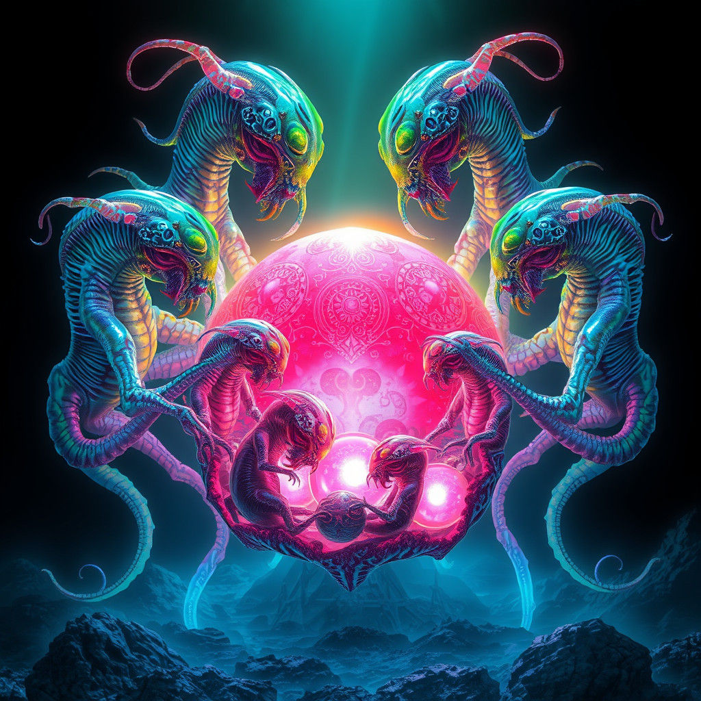 Eldritch Beings Gather Under Holographic Orbs