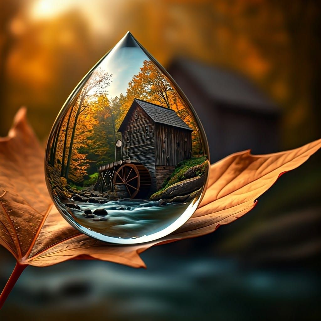 Ancient Mill with Water Wheel, Reflected in Dewy Drop on Map...