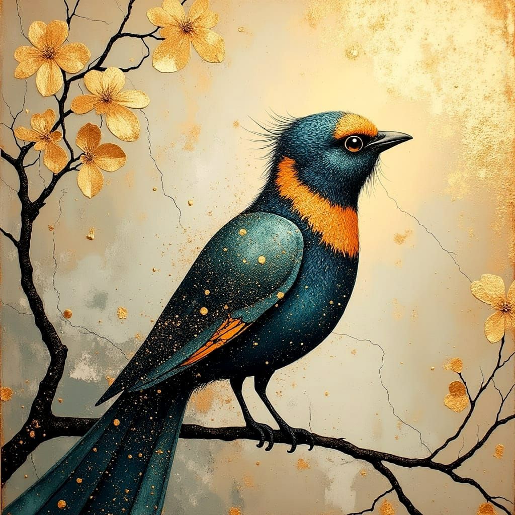 Vibrant Bird Amidst Blossoming Glory in Golden Light