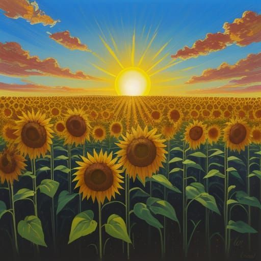 Impasto Sunflower Field Under Golden Hour Sun