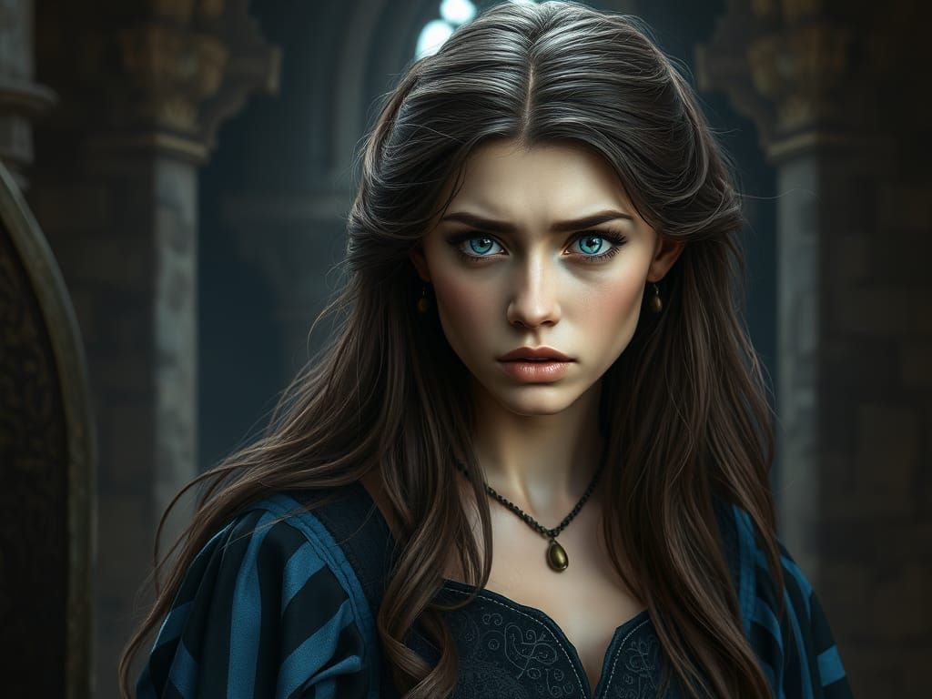 Medieval Lady in Blue, Surrounded by Fantastical Shadows