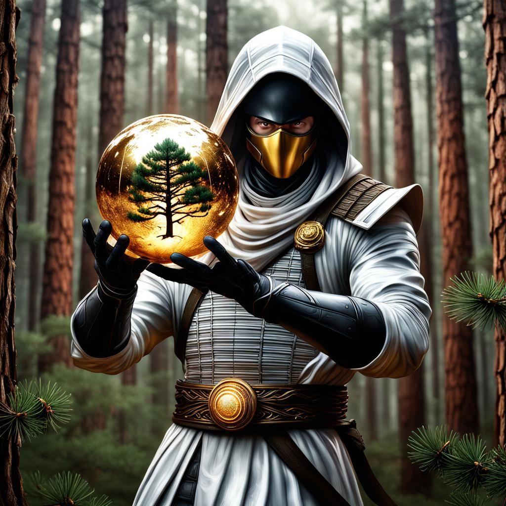 Hyperrealistic Figure with Orb in Pine Forest