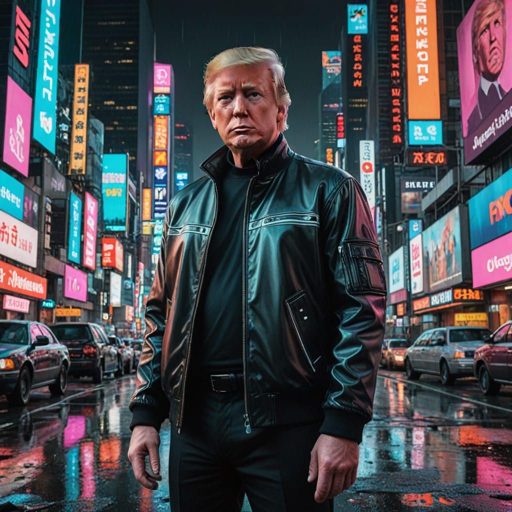 Neon Trump in Retrofuturistic Cityscape