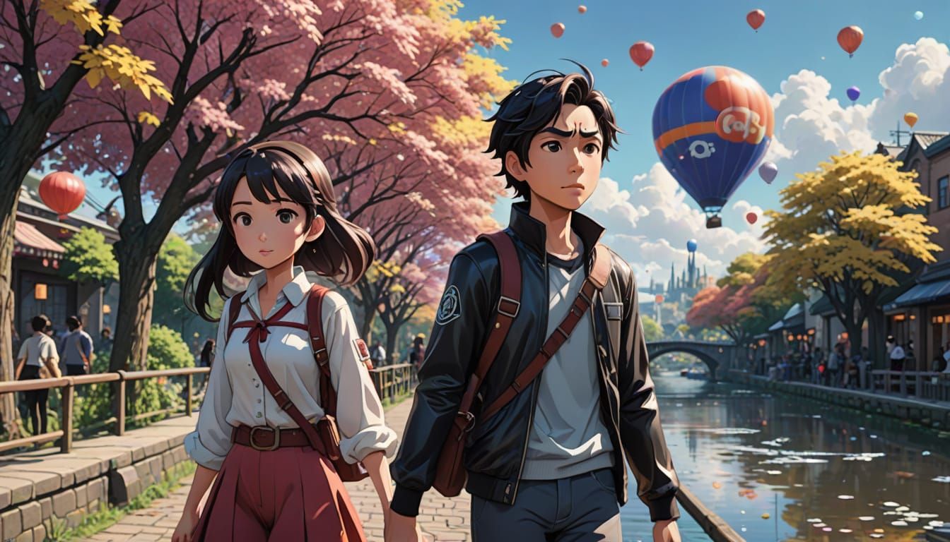 Vibrant Anime Key Visual of Children Walking Along Riverbank