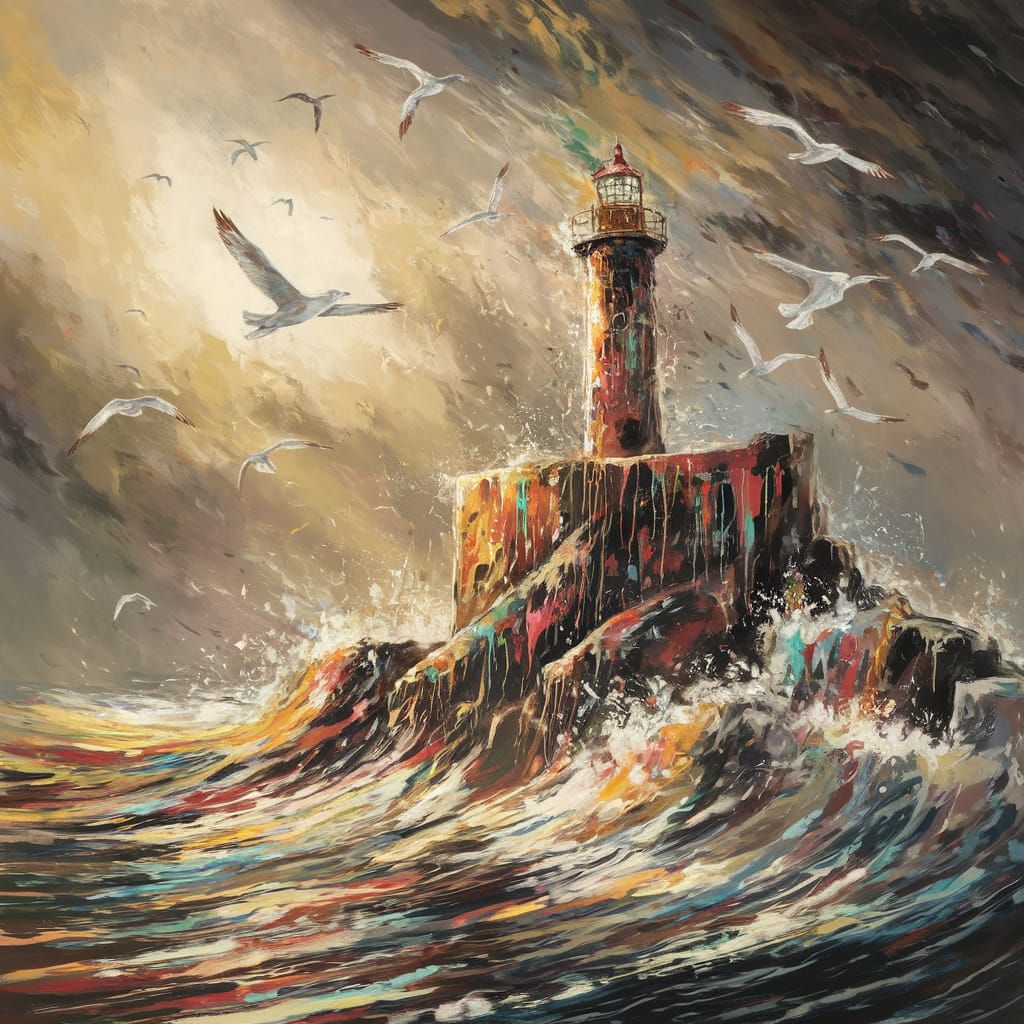 Vibrant Gouache Lighthouse in Stormy Seascape