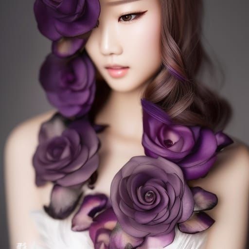 Gorgeous Asian Woman with Lilac Hair and Floral Fade