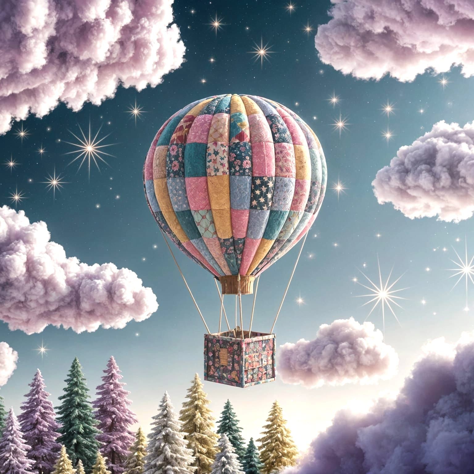 Whimsical Patchwork Hot Air Balloon Over Enchanted Forest