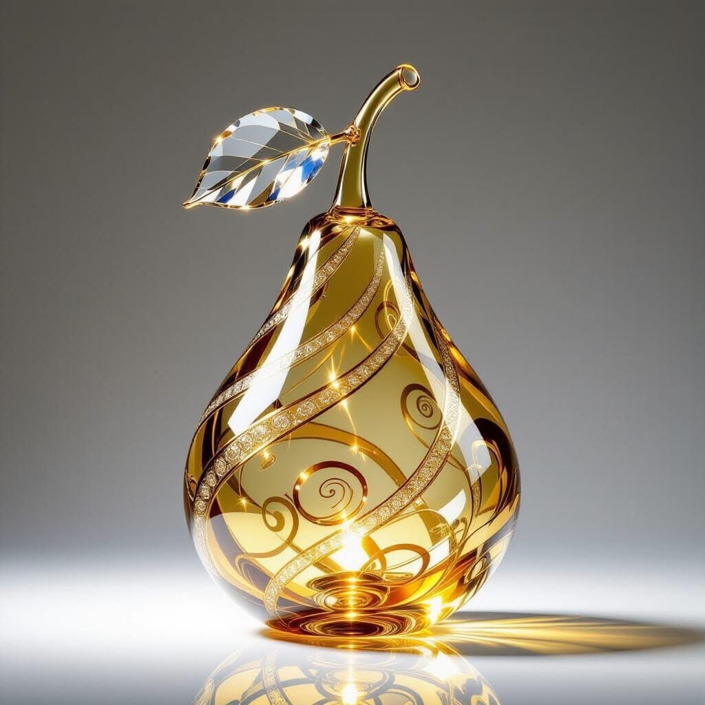 Glass Pear Sculpture with Golden Swirls and Crystal Leaf