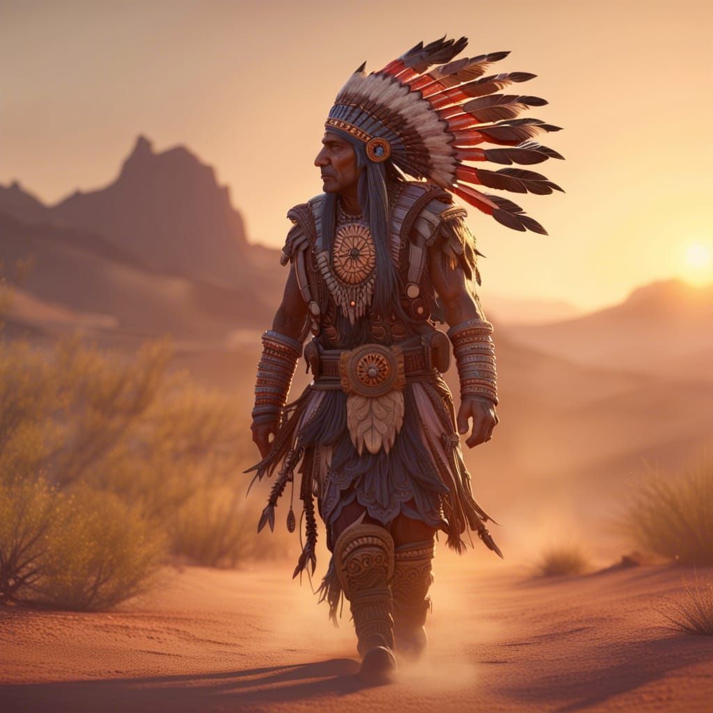 Hyperrealistic Indian Chief in Desert Sunset