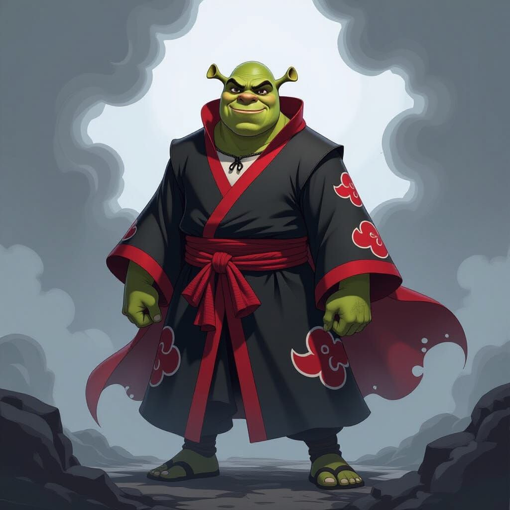 Shrek Wears Akatsuki Cloak in Dark Fantasy Anime Style