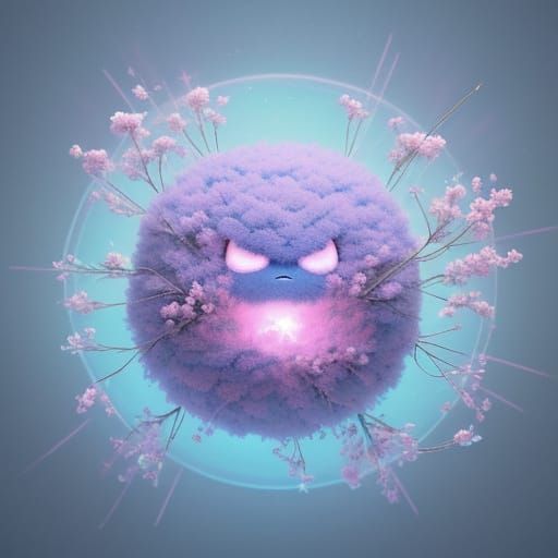 Fluffy Alien Among Pastel Alien Flora Watercolor