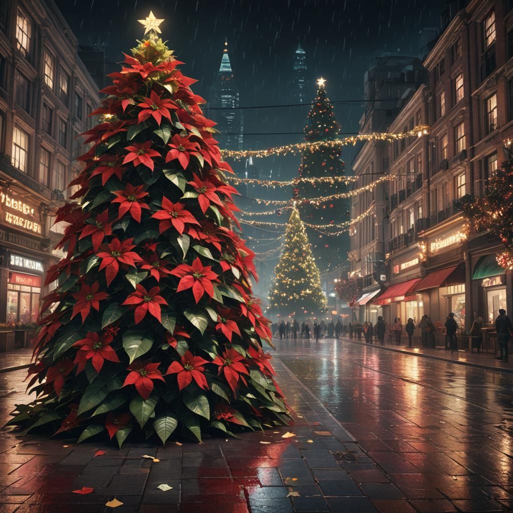 Cyberpunk Poinsettia Christmas Tree in Neon City