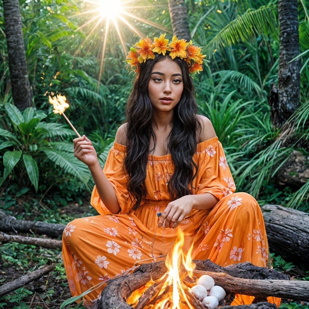 Pele Roasts Marshmallows in Vaporwave Style