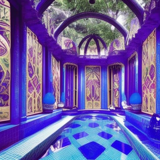 Beautiful gothic swimming pool with Black tiles& purple tile...