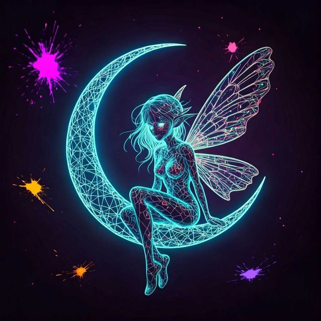Bioluminescent Pixie on Iridescent Moon, Anime Style
