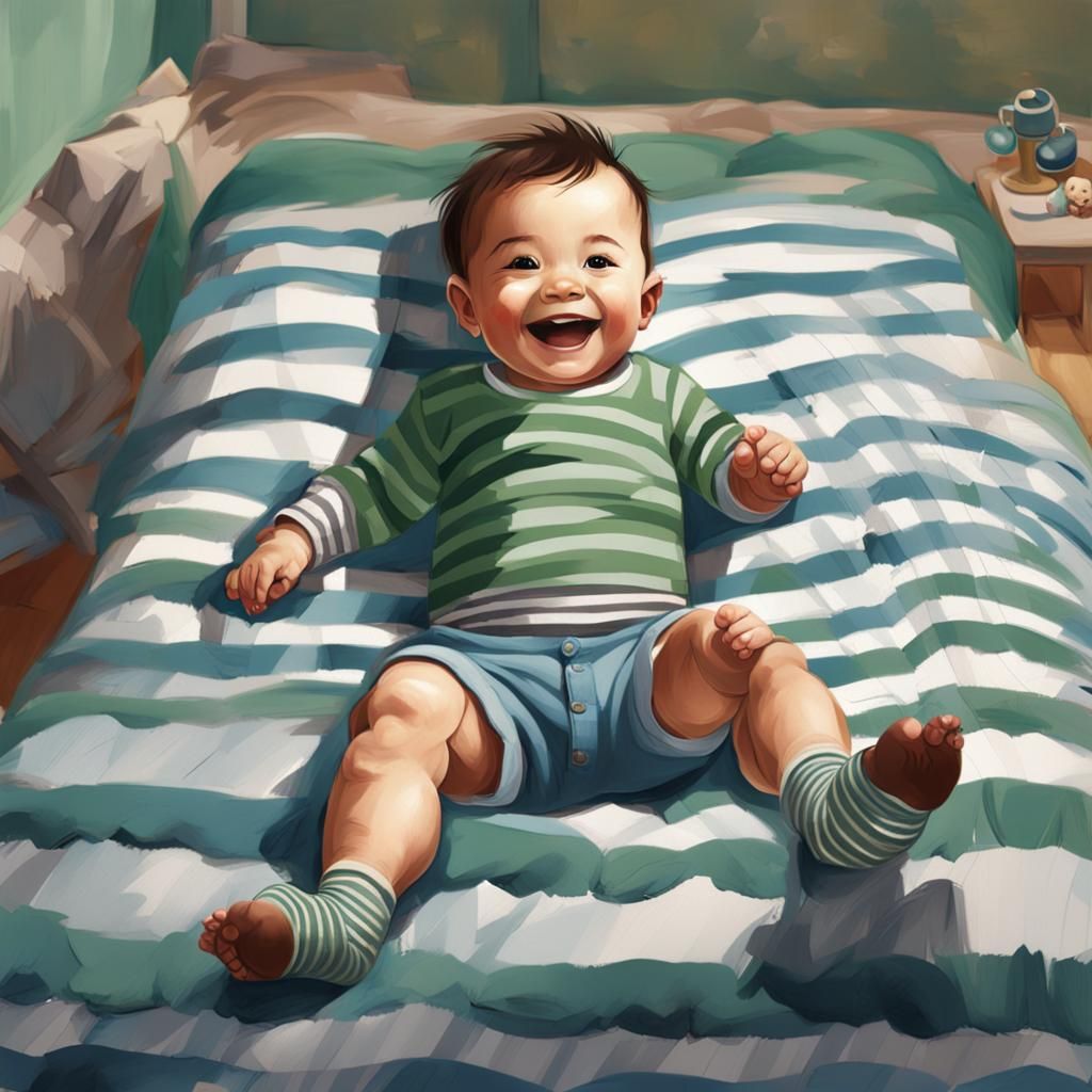 Smiling Baby Playing on Striped Blanket