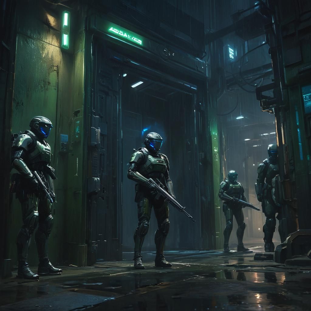 Cyberpunk Characters Avoiding Surveillance in Dystopian Alle...