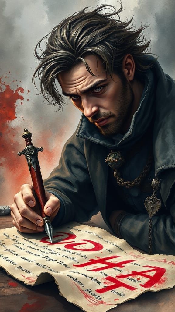 Dark Fantasy Scribe Writing with Dagger-Pen