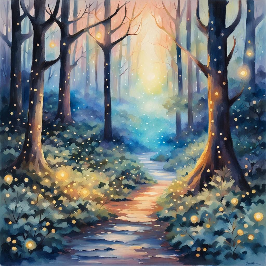 Enchanted Forest Twilight in Gouache Watercolor Style