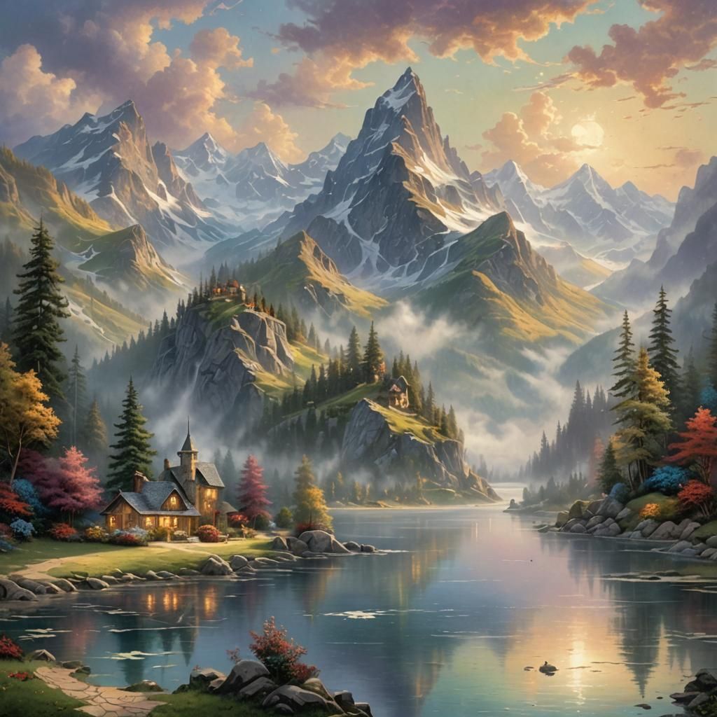 Ethereal Fantasy Landscape with Lake in Kinkade Style