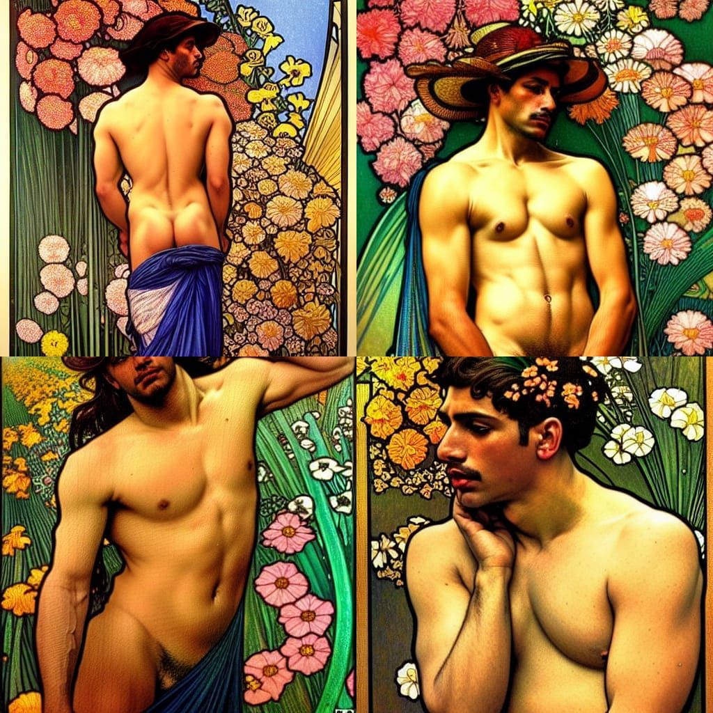 Brazilian Man in Floral Field, Art Nouveau Style