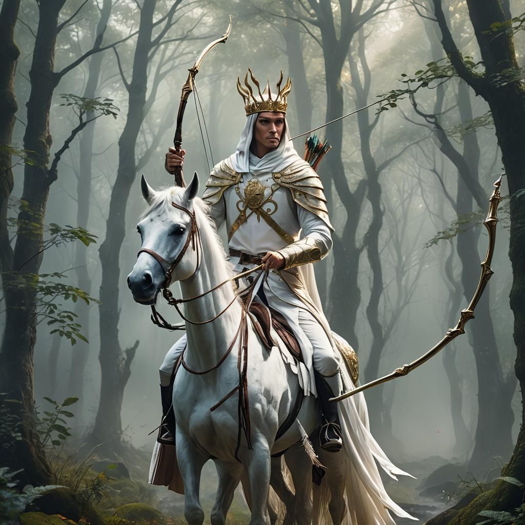 White Horse Rider in Misty Forest, Digital Art