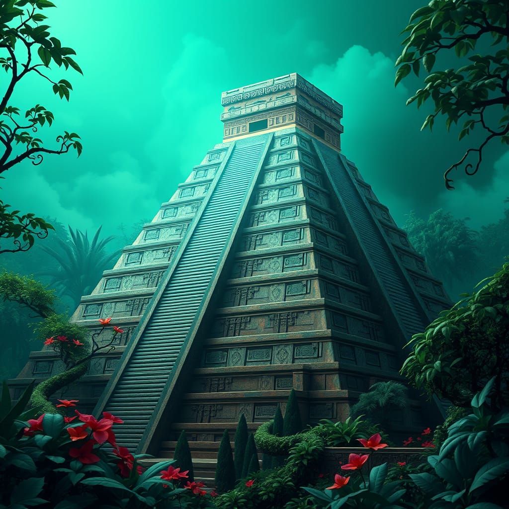 Majestic Aztec Pyramid in Emerald Jungle with Mythological C...